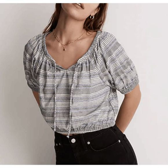 Madewell Jacquard Keyhole Crop Top Stripe Blue White Blouse Sz Large, MSRP $78 - Picture 1 of 12